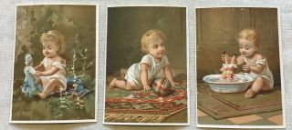 3 Victorian Trade Cards Baby Boy Girl Antique Pull Toy Jester Jack In The Box