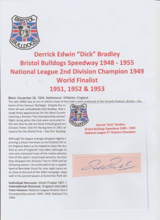 Dick Bradley Bristol Bulldogs Speedway 1948 - 1955 Rare Orig Hand Signed Cutting