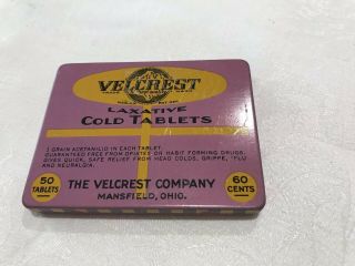 Vintage Velcrest Laxative Cold Tablets Tin Mansfield Rare Advertising Tin (18)