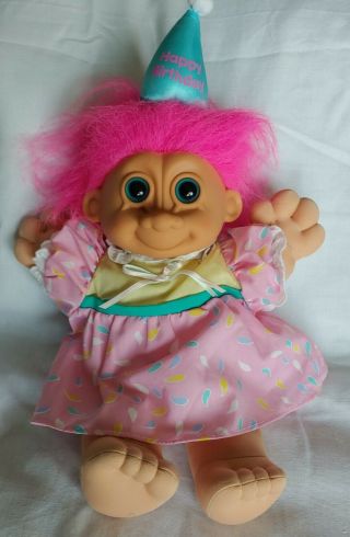 Russ Large Plushtroll Doll Soft Body Pink Hair Blue Eyes Happy Birthday Girl