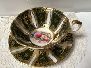 Paragon Rare Footed Teacup/saucer Green & White Panels/gold Fruit Center Je/c