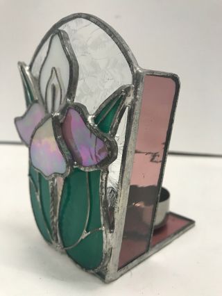 Leaded Stained Glass Candle Holder Lamp Iris Iridescent Tea Light Votive 4” Tall
