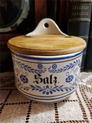 Antique Blue White Delft Folk Porcelain Wall Mount Salt Box Shabby Cottage Farm