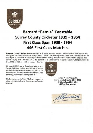 Bernie Constable Surrey County Cricketer 1939 - 1964 Rare Autograph