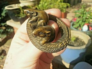 Hand Carved Wood Netsuke Mice Or Rats On Coiled Ropes Collectable Boxwood Figure