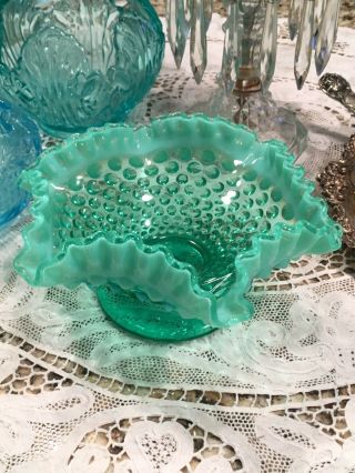 Rare Vintage Fenton Rich Green Opalescent Vaseline Hobnail Glass Ruffled Bowl
