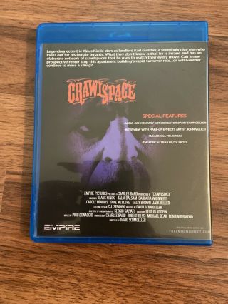 Crawlspace Blu - Ray Disc Scream Factory Horror Charles Band Klaus Kinski Rare OOP 2