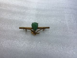 Antique Vintage Chinese Export Silver Gilt Filigree Leaf Jade Brooch Pin