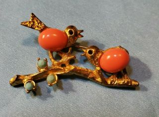Rare Vintage Signed Pell Glass Jelly Belly Coral & Turqoise Birds Pin Brooch
