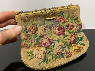 Antique Needlepoint Floral Rose Victorian Coin Change Evening Purse