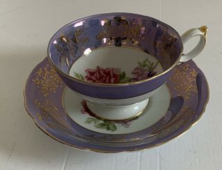 Vintage Lm Royal Halsey Lusterware Lavender W/ Roses Tea Cup & Saucer Gold Trim