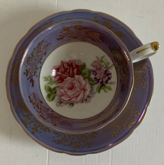 Vintage LM Royal Halsey Lusterware Lavender w/ Roses Tea Cup & Saucer Gold Trim 2