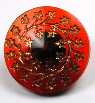 Antique Victorian Ruby Glass Button W Gold Luster Swirled Flower Design 5/8 "