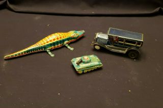 3 Vintage Collectible Friction Tin Toys Antique Car Small Army Tank Gator