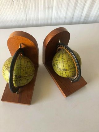 Vintage Mid - Century Modern Wooden World Globe Bookends For Library Books