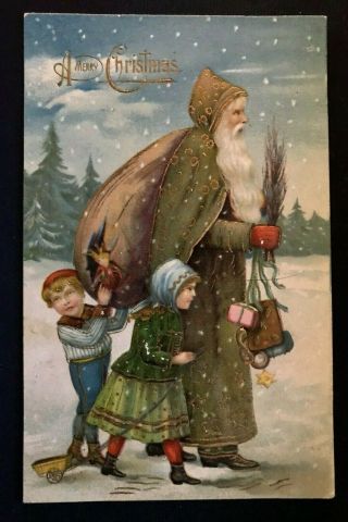 Long Green Robe Santa Claus With Children Snow Antique Christmas Postcard - A583
