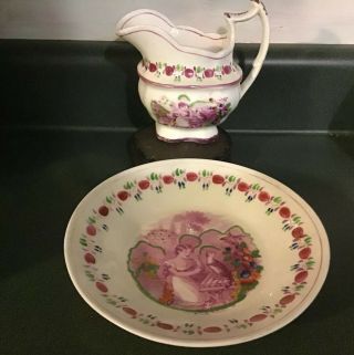 Rare Antique Pitcher And Bowl / Plate Girl With Kitten / Cat Pink Luster Ware