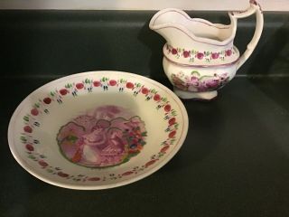 Rare Antique Pitcher And Bowl / Plate Girl With Kitten / Cat Pink Luster Ware 2