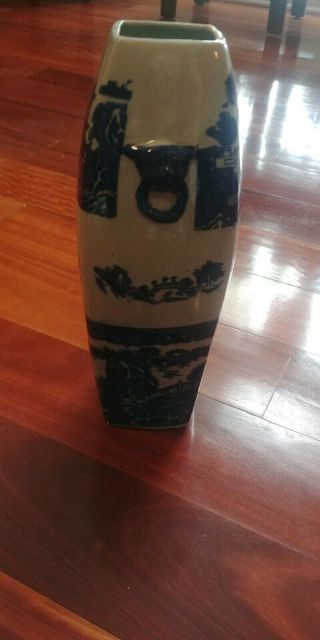 Oriental Chinese Porcelain Ceramic Vase Blue And White With Foo Dog Lions.  15 "