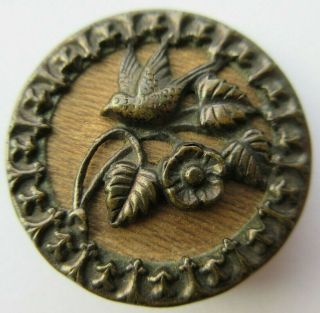Wonderful Antique Vtg Victorian Wood Back Metal Picture Button W/ Bird (r)