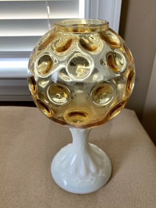 Fenton Ivy Ball Vase Amber Glass Coin Dot With Milk Glass Base Vintage Rare