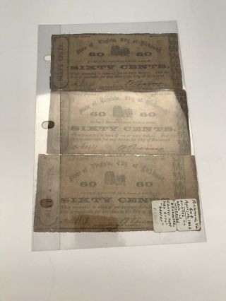 3 Rare 1862 Civil War State Of Virginia City Richmond 60 Cent Note Spell Error