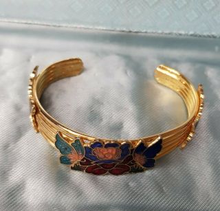 Rare Vintage Cloisonne Enamel Flower Butterfly Bracelet Bangle Gold Tone Gift