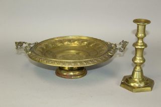 Rare 18th C Chippendale Rococo Decorated Brass Pedestal Base Tazza Old Surface