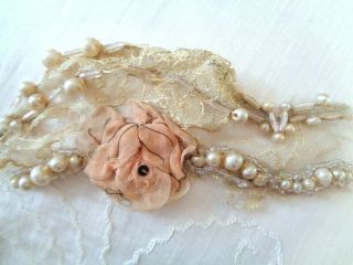Rare Victorian French Silk Chiffon Rose Fine Lace Beading & Celluloid Pearls 4 "