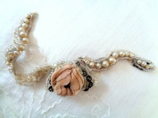 Rare Victorian French Silk Chiffon Rose Beading And Celluloid Pearls Fragment