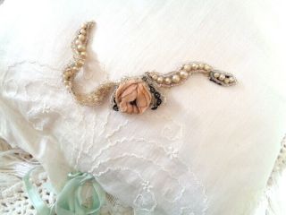 RARE VICTORIAN FRENCH SILK CHIFFON ROSE BEADING AND CELLULOID PEARLS FRAGMENT 2
