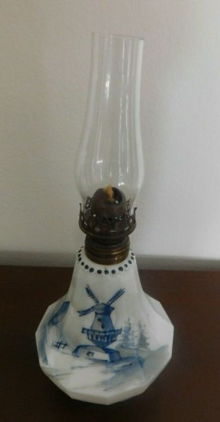 Antique Delft Milk Glass Oil Lantern W/ Chimney Windmill & Sailboat 9 1/4 " Tall