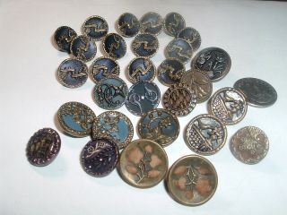 29 Antique Fancy Metal Sewing Buttons / Picture