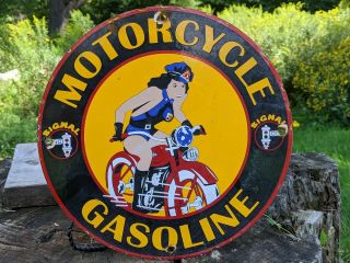 Rare Old Dated 1948 Signal Motorcycle Gasoline Porcelain Gas Sign Stop Light
