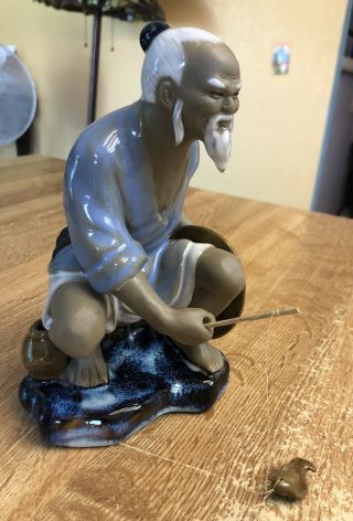 Rare Shiwan Artistic Ceramic Factory China Mud Man Fisherman Figurine W/ Fish