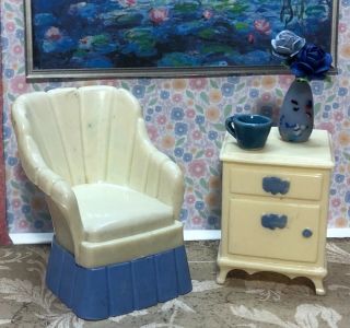 Ideal Pleated Chair & Table Vintage Tin Dollhouse Furniture Renwal Plastic 1:16