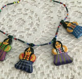 Vintage Rare Wood Wooden Hand Painted Dolls With Glass Beads Necklace 18.  5 " Peru