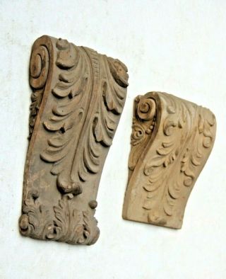 Rare Hand Carved French Gothic Fancy Church Wood Carving Pair Plaque Brackets