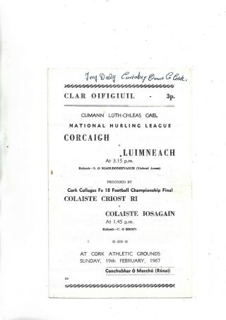 1967 Gaa Hurling Rare National League Cork V Limerick