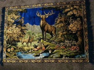 Vintage P&c Italian Tapestry Stag & Deer 55 " X 39 " Wall Hanging