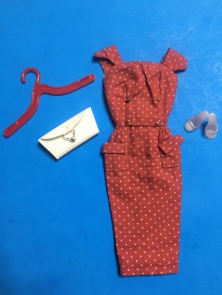 Vintage 1960’s Barbie Doll Red Poka Dot Sheath Dress,  And Accessories,  By Mattel