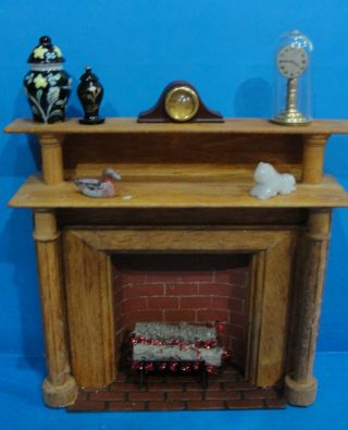 Dollhouse Wood Fireplace With Shelves And Accessories 1/2 Th