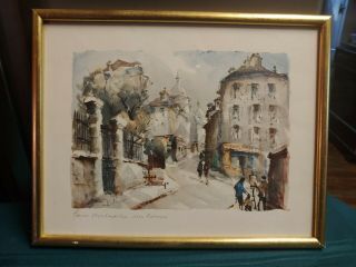 Vintage French Watercolor Print Montmartre Paris Rue Norvins Signed Framed