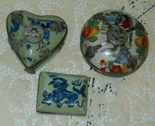 3 Vintage Chinese Porcelain Ink Boxes - 2 With Silver,  Blue & White