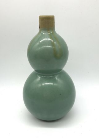 Vintage Antique Chinese Celadon Double Gourd Vase Bottle Signed Drip Glaze