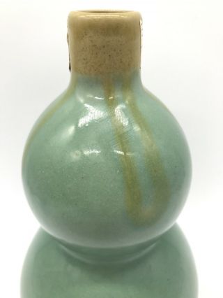 Vintage Antique Chinese Celadon Double Gourd Vase Bottle Signed Drip Glaze 2