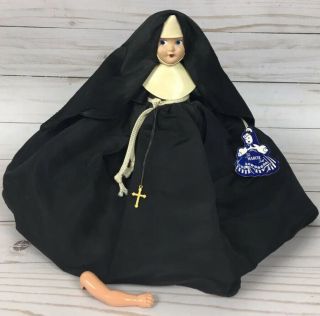 Early 1940s Marcie Nun Doll Painted Blue Side Eyes Wrist Tag Crucifix