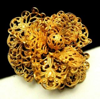 Rare Vintage 2” Signed Miriam Haskell Goldtone Filigree Layered Brooch Pin A11