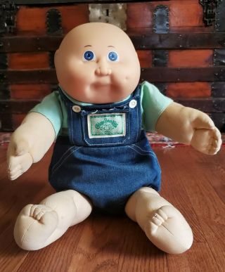 Vintage 1984 Cabbage Patch Kids Doll Bald Baby Boy Blue Eyes Overalls