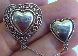 Antique Vintage Brooch Pins Sterling Silver 2 Hearts Joined Connected On Chain